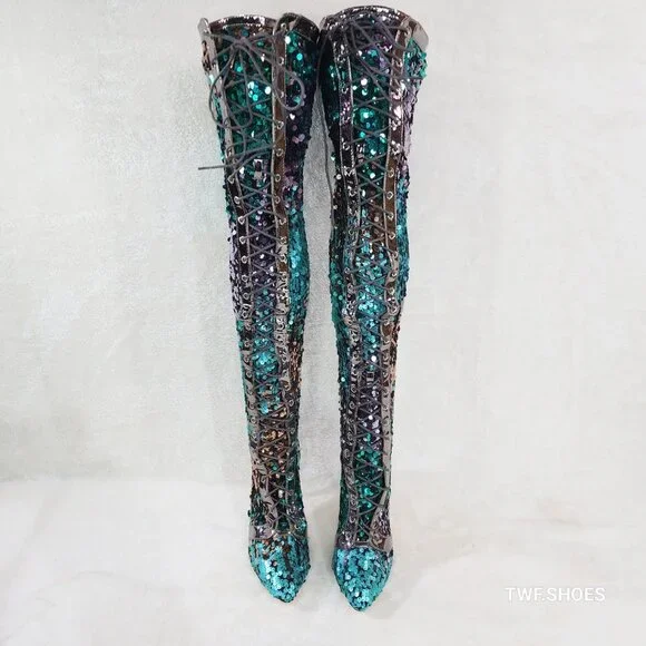 Over the Knee Thigh High Lace Up Stiletto Heel Sequin Boots Pewter - Picture 5 of 11